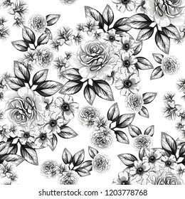 Abstract seamless pattern with plants, herbs and flowers, colorful botanical illustration.