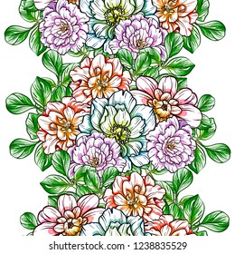 Abstract seamless pattern with plants, herbs and flowers, colorful botanical illustration.