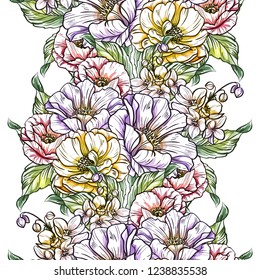 Abstract seamless pattern with plants, herbs and flowers, colorful botanical illustration.