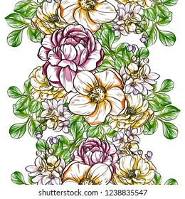 Abstract seamless pattern with plants, herbs and flowers, colorful botanical illustration.