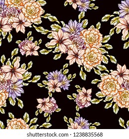 Abstract seamless pattern with plants, herbs and flowers, colorful botanical illustration.