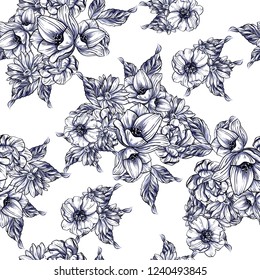 Abstract seamless pattern with plants, herbs and flowers