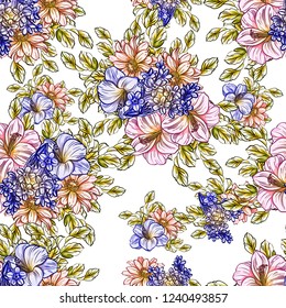Abstract seamless pattern with plants, herbs and flowers