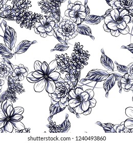 Abstract seamless pattern with plants, herbs and flowers