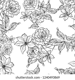 Abstract seamless pattern with plants, herbs and flowers