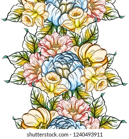 Abstract seamless pattern with plants, herbs and flowers