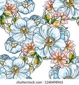 Abstract seamless pattern with plants, herbs and flowers
