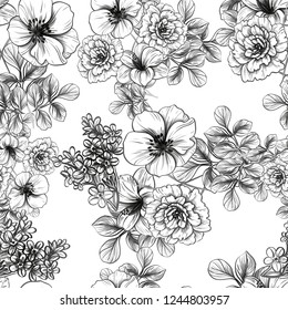 Abstract seamless pattern with plants, herbs and flowers, colorful botanical illustration.