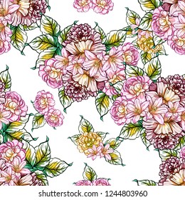Abstract seamless pattern with plants, herbs and flowers, colorful botanical illustration.