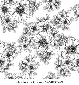 Abstract seamless pattern with plants, herbs and flowers, colorful botanical illustration.