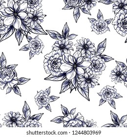 Abstract seamless pattern with plants, herbs and flowers, colorful botanical illustration.