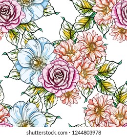 Abstract seamless pattern with plants, herbs and flowers, colorful botanical illustration.
