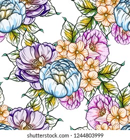 Abstract seamless pattern with plants, herbs and flowers, colorful botanical illustration.