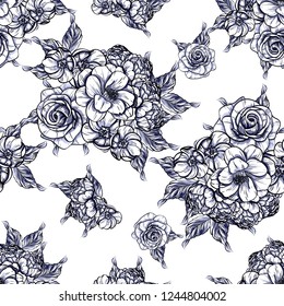 Abstract seamless pattern with plants, herbs and flowers, colorful botanical illustration.