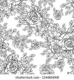 Abstract seamless pattern with plants, herbs and flowers, colorful botanical illustration.