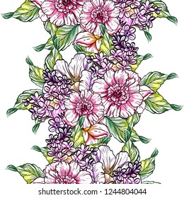 Abstract seamless pattern with plants, herbs and flowers, colorful botanical illustration.