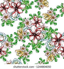 Abstract seamless pattern with plants, herbs and flowers, colorful botanical illustration.