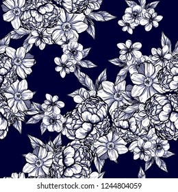 Abstract seamless pattern with plants, herbs and flowers, colorful botanical illustration.
