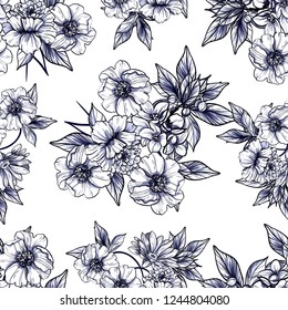 Abstract seamless pattern with plants, herbs and flowers, colorful botanical illustration.