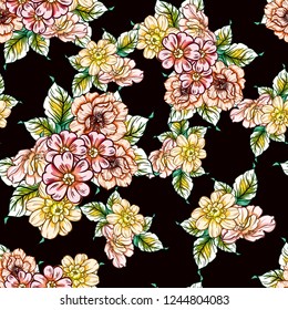 Abstract seamless pattern with plants, herbs and flowers, colorful botanical illustration.