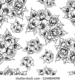 Abstract seamless pattern with plants, herbs and flowers, colorful botanical illustration.
