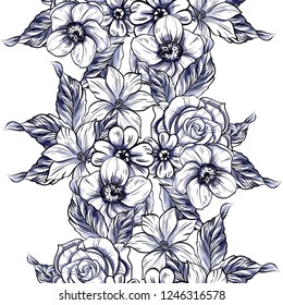 Abstract seamless pattern with plants, herbs and flowers, colorful botanical illustration.