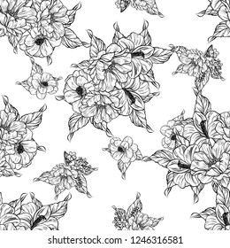 Abstract seamless pattern with plants, herbs and flowers, colorful botanical illustration.
