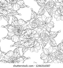 Abstract seamless pattern with plants, herbs and flowers, colorful botanical illustration.