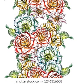 Abstract seamless pattern with plants, herbs and flowers, colorful botanical illustration.