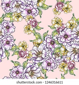 Abstract seamless pattern with plants, herbs and flowers, colorful botanical illustration.