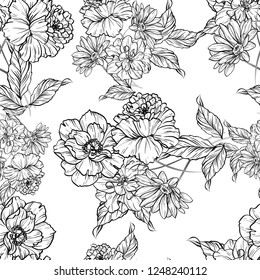 Abstract seamless pattern with plants, herbs and flowers