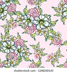 Abstract seamless pattern with plants, herbs and flowers