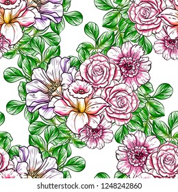 Abstract seamless pattern with plants, herbs and flowers