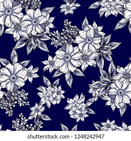 Abstract seamless pattern with plants, herbs and flowers