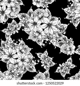 Abstract seamless pattern with plants, herbs and flowers