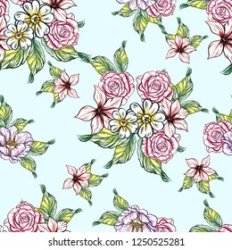 Abstract seamless pattern with plants, herbs and flowers