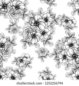 Abstract seamless pattern with plants, herbs and flowers, colorful botanical illustration.