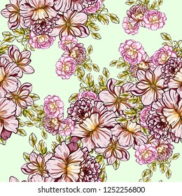 Abstract seamless pattern with plants, herbs and flowers, colorful botanical illustration.