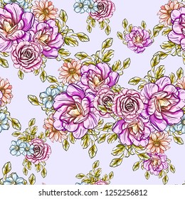 Abstract seamless pattern with plants, herbs and flowers, colorful botanical illustration.