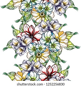Abstract seamless pattern with plants, herbs and flowers, colorful botanical illustration.