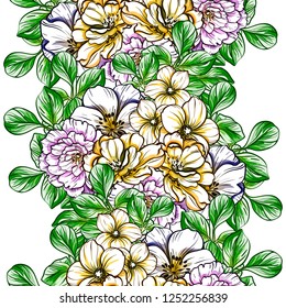 Abstract seamless pattern with plants, herbs and flowers, colorful botanical illustration.