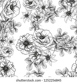 Abstract seamless pattern with plants, herbs and flowers, colorful botanical illustration.