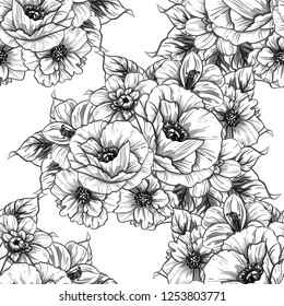 Abstract seamless pattern with plants, herbs and flowers, colorful botanical illustration.