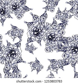 Abstract seamless pattern with plants, herbs and flowers, colorful botanical illustration.