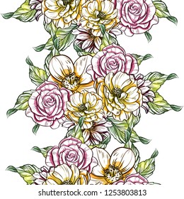 Abstract seamless pattern with plants, herbs and flowers, colorful botanical illustration.