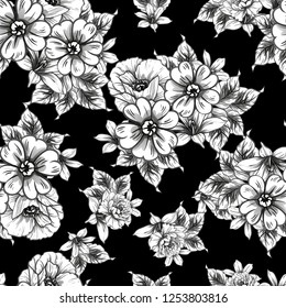 Abstract seamless pattern with plants, herbs and flowers, colorful botanical illustration.