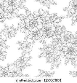 Abstract seamless pattern with plants, herbs and flowers, colorful botanical illustration.