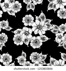 Abstract seamless pattern with plants, herbs and flowers, colorful botanical illustration.