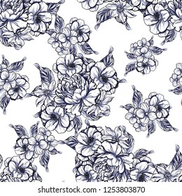 Abstract seamless pattern with plants, herbs and flowers, colorful botanical illustration.