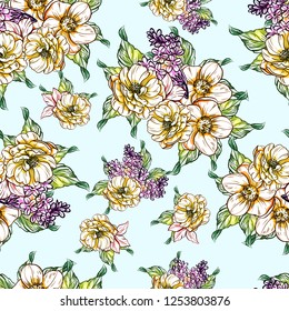 Abstract seamless pattern with plants, herbs and flowers, colorful botanical illustration.